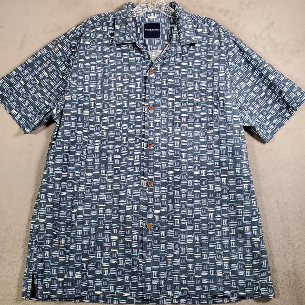 Tommy Bahama Button Up Camp Shirt Mens L Blue Geometric Silk Blend Casual Resort